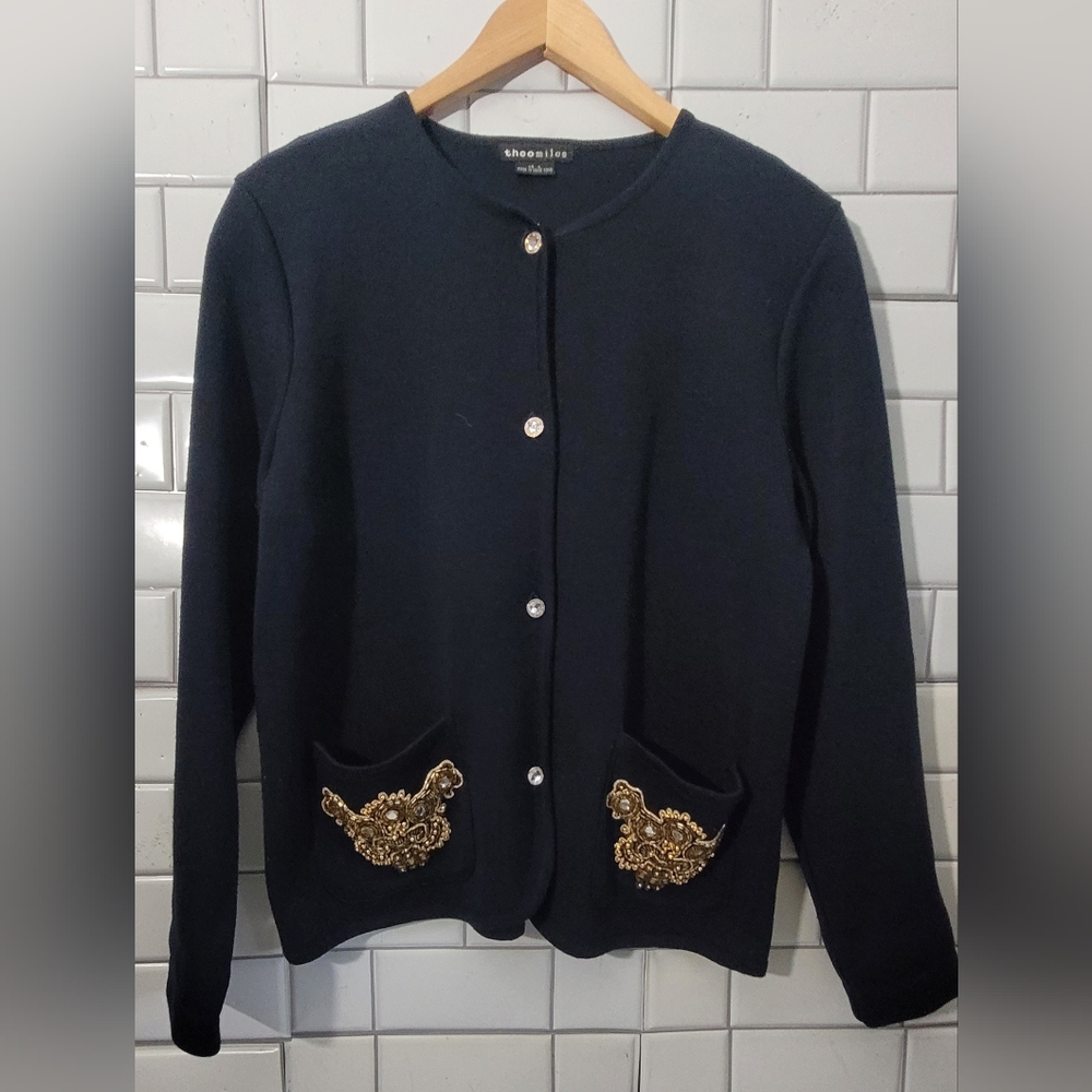 Theomiles Vintage Ladies Navy Blue Button Front Cardigan Gold Gem Beading Detail